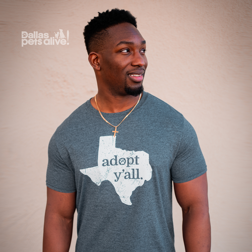 smiling man wearing Dallas Pets Alive! Adopt Y'all grey short-sleeve t-shirt