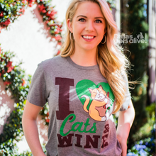 Load image into Gallery viewer, smiling female wearing grey Dallas Pets Alive! short-sleeve t-shirt with I HEART CATS &amp; WINE printed on it