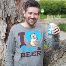 Load image into Gallery viewer, smiling male wearing grey long sleeve t-shirt with I HEART DOGS &amp; BEER on the front