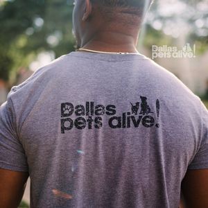 close up of back side of grey short-sleeve t-shirt with Dallas Pets Alive! logo