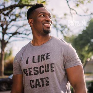 smiling male wearing grey Dallas Pets Alive! short-sleeve t-shirt with I LIKE RESCUE CATS printed on it